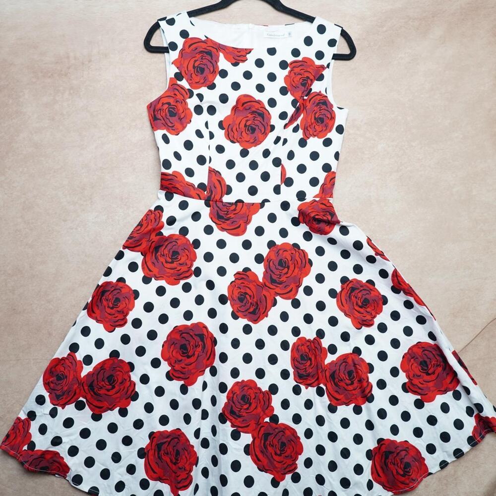 Gardenwed Polka Dot Rose Fit Flare Dress M